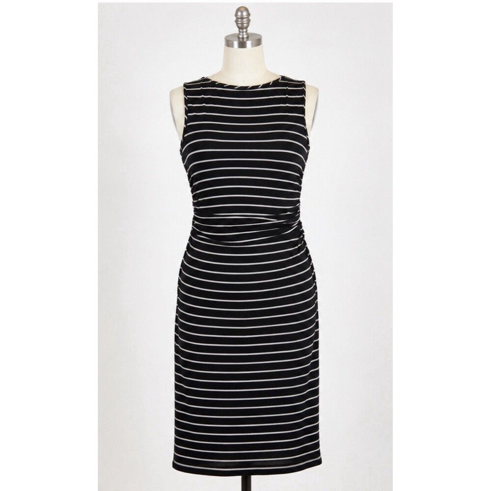 Athleta Comeback Tank Midi Dress XS Black Stripe Ruched Bodycon Sleeveless Knit